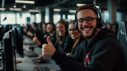 A wide shot of a vibrant call center office, showing a group of technical support staff wearing headsets, smiling happily and giving thumbs up while seated at their computers, with