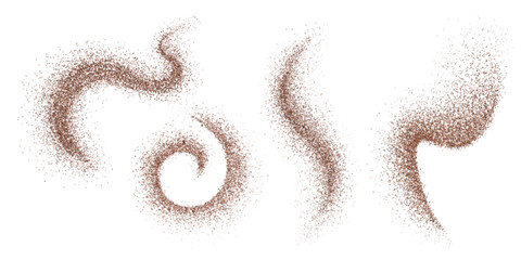 Ground coffee bean or chocolate powder in different wavy and swirl shapes. Realistic 3d vector illustration set of cocoa particle splash texture forms. grind caffeine granule or cinnamon stain.