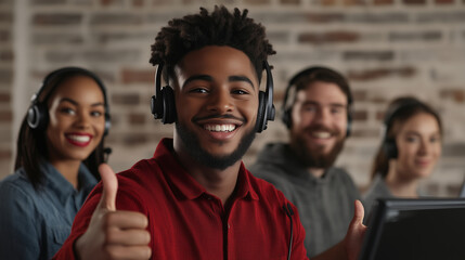 A diverse group of customer support representatives, representing various backgrounds and ethnicities, all smiling with headsets on, giving a thumbs up while interacting with custo