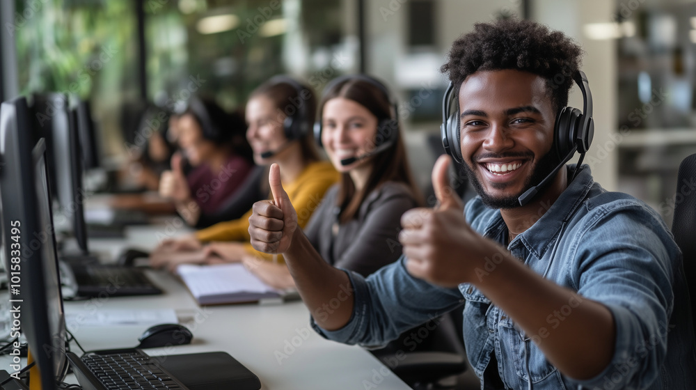 Poster a colorful call center scene where a group of smiling technical support agents from different ethnic