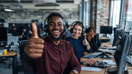 A bright and vibrant office filled with diverse customer service agents wearing headsets, all smiling and giving a big thumbs up, reflecting their enthusiasm and passion for their