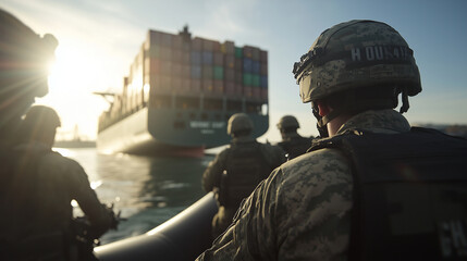 The bright sun shines down on soldiers in camouflage uniforms as they approach a towering container ship in their inflatable boat, their weapons raised and ready for a maritime sec