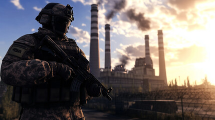 Fototapeta premium In the warm sunlight, a soldier with a rifle slung across his chest stands guard in front of a nuclear power plant, the immense reactors rising against a bright blue sky, symbolizi