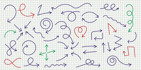 Set hand drawn, doodle spiral arrows.