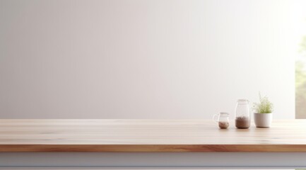 Elegant empty wooden tabletop counter with a gradient background, designed for product mockups in a minimalist style, providing ample copy space and a sophisticated ambiance.


