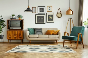Fototapeta premium Scandinavian living room interior with wooden floor, white walls, black posters, vintage beige sofa, turquoise armchair, geometric carpet, and retro television.