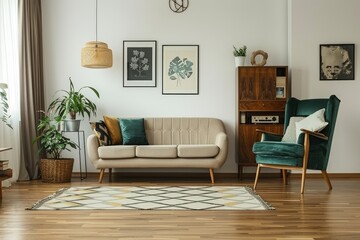 Scandinavian living room interior with wooden floor, white walls, black posters, vintage beige sofa, turquoise armchair, geometric carpet, and retro television.