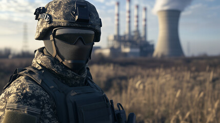 Sunlight reflects off the soldierÃ¢ÂÂs tactical gear as he stands guard in front of a modern nuclear power plant, the towering reactors in the background symbolizing the site's critic