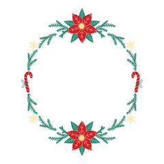 Round Christmas Frame with Poinsettia. Winter frame with empty space for text. Christmas and New Year. Isolated vector illustration.