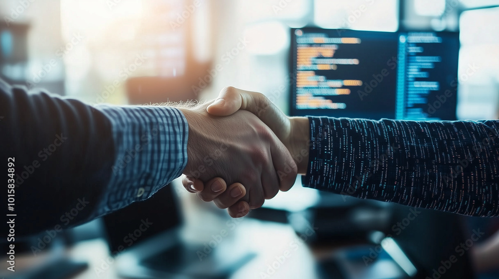 Aufkleber a handshake in a bright, modern tech office with digital screens and coding in the background, symbo