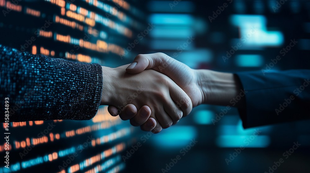 Poster a handshake in a bright, modern tech office with digital screens and coding in the background, symbo