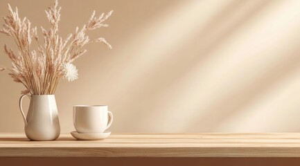 Fototapeta premium Elegant empty wooden tabletop counter with a gradient background, designed for product mockups in a minimalist style, providing ample copy space and a sophisticated ambiance.