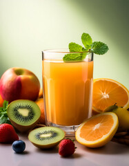 glass of fresh juice placed on a table, surrounded by fresh fruits and mint leaves