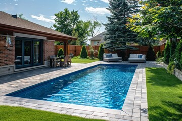 Charming small backyard featuring a blue rectangular swimming pool and green grass, patio furniture on stone pavers, and a tree-lined street on a beautiful summer day.