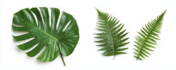 A set of green monstera leaves and ferns, isolated on a white background.