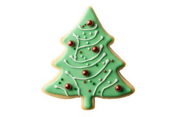 Festive Christmas tree cookie decorated with green icing and red candies.
