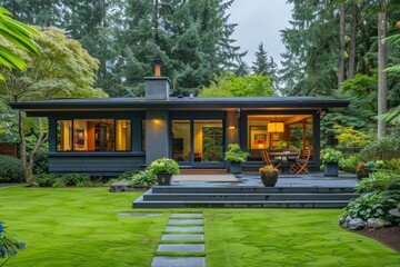Modern small backyard with patio and deck in front of grey house with blue trim, surrounded by green trees and tall pines in Pacific Northwest.