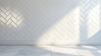 Polished, White Wall background with tiles. Semigloss, tile Wallpaper with Herringbone, 3D blocks. 3D Render
