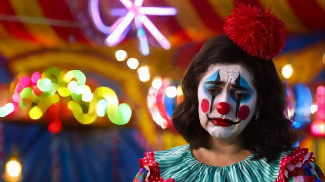A sad clown with a clown mask and a clown costume