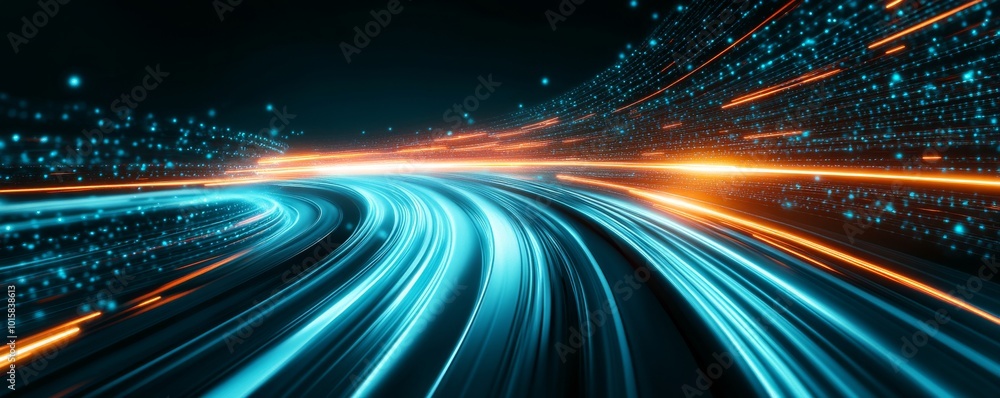 Poster dynamic light trails on dark background, representing speed and innovation.