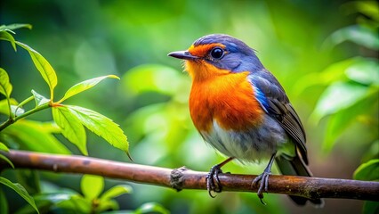 Fototapeta premium A Vibrant Songbird Perched on a Branch, Its Bright Orange Breast and Blue Wings a Striking Contrast Against the Lush Green Foliage