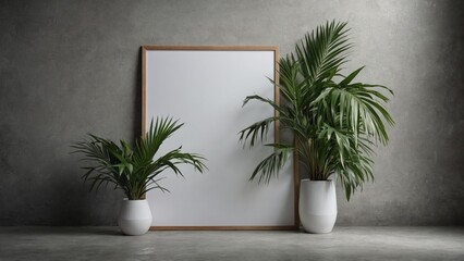 mockup blank frame on the background of tropical plants in the room