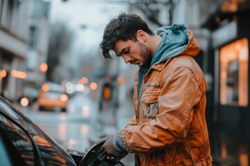 Fototapeta premium A man in casual is standing next to his broken car and looking at the open hood of an electric vehicle, trying to repair it with tools on the roadside. 