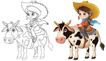 Girl Riding a Cow Illustration