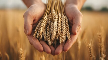 A close-up image of hands gently holding freshly harvested wheat, showcasing the golden grains against a backdrop of sprawling fields.