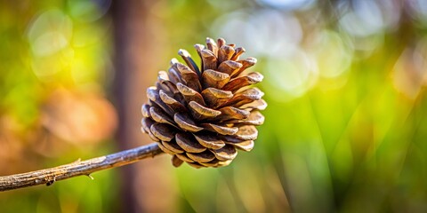 A solitary brown pine cone perched on a slender branch, the backdrop a soft blur of warm greens and muted yellows, hinting at a sun-drenched forest