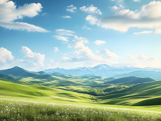 Obraz premium A tranquil countryside scene with rolling green hills, a clear blue sky dotted with fluffy clouds, and a peaceful meadow of grass, capturing the natural beauty and serenity of a mountainous landscape