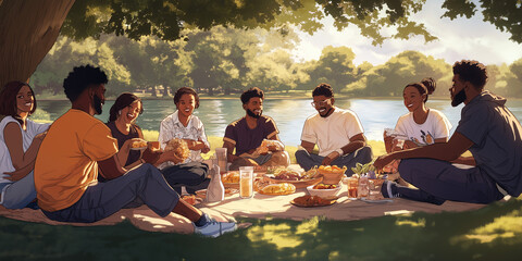 A serene lakeside picnic with families and friends