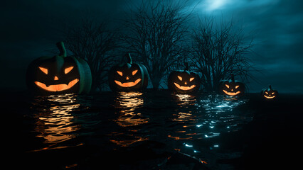 A Mystical Scene With Five Scary Pumpkins On Black Water In The Dark. Horror Atmosphere Without People. Frightening Halloween Creative Style. Modern 3D Illustration