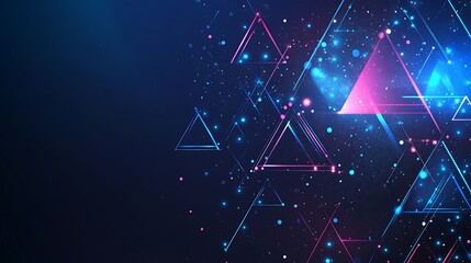 Abstract blue and pink triangles with glowing lights on dark background.