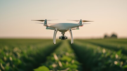 A drone flying over a vast soybean farm, capturing modern farming techniques