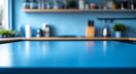 Minimally blurred background of a blue kitchen countertop with a blurred background and copy space for product display presentation