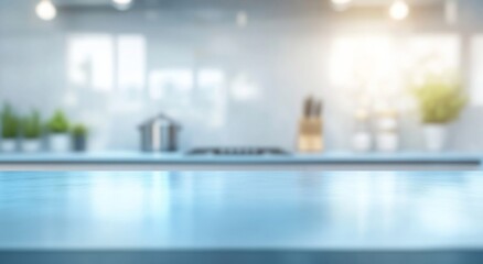 Minimally blurred background of a blue kitchen countertop with a blurred background and copy space for product display presentation