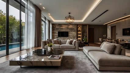 Fototapeta premium A luxurious modern living room featuring elegant furnishings, large windows, and minimalist decor. The space radiates sophistication. AI Generated