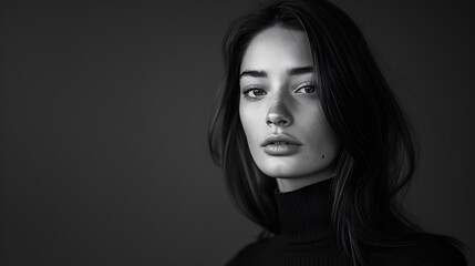 Fototapeta premium A minimalist black and white portrait of a model with a serene expression, framed by high contrast lighting that draws attention to the facial features. 8k UHD, suitable for high-quality printing 
