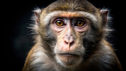 Obraz premium Intense Gaze of a Primate A Close-Up Portrait of a Monkey with Striking Amber Eyes and a Delicate Muzzle, Framed Against a Black Background