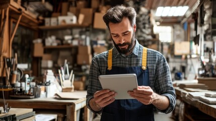 Fototapeta premium A tech-savvy small business owner using a tablet to manage online orders in a modern workshop, creative environment, tools and materials visible