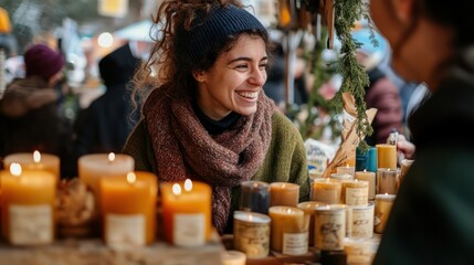 A thriving small business market stall selling handmade candles, vibrant display, smiling owner interacting with customers