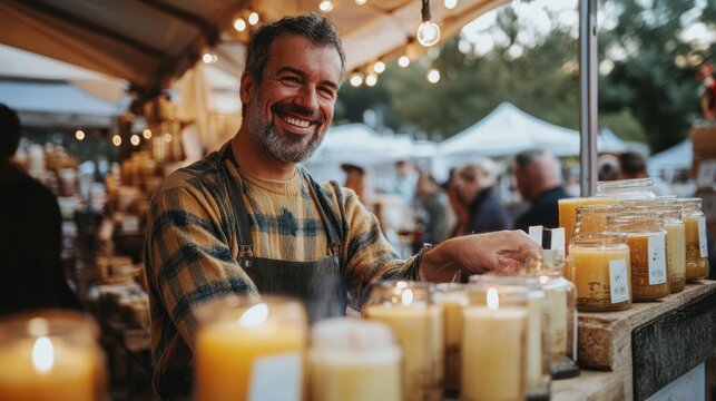 A thriving small business market stall selling handmade candles, vibrant display, smiling owner interacting with customers