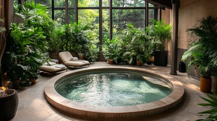 A beautifully designed circular saltwater pool in a wellness center, surrounded by lush indoor plants, offering a calm, healing space for floating therapy