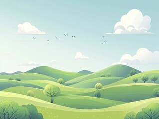 Fototapeta premium Lush green hills and mountains under a clear blue sky with fluffy white clouds and flying birds in