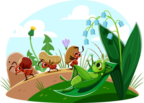 Cartoon ant characters with nuts and grasshopper lazy lying on leaf, vector kids story. Ants workers carrying nuts and looking at lazy cricket resting on flowers leaf for kids cartoon illustration