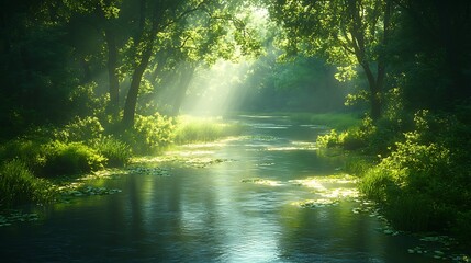 A stream gracefully winds its way through a dense forest, surrounded by vibrant green trees and foliage.
