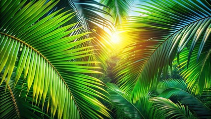 Sunlight filtering through lush tropical foliage, illuminating the vibrant green leaves with a golden glow.