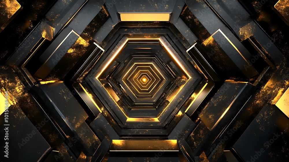 Poster abstract futuristic tunnel with hexagonal shape and glowing light.