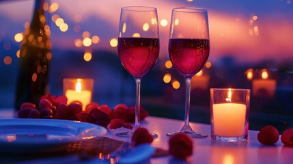 A romantic dinner setting with a candle-lit table for two, soft music playing in the background, and glasses of wine ready to toast to love